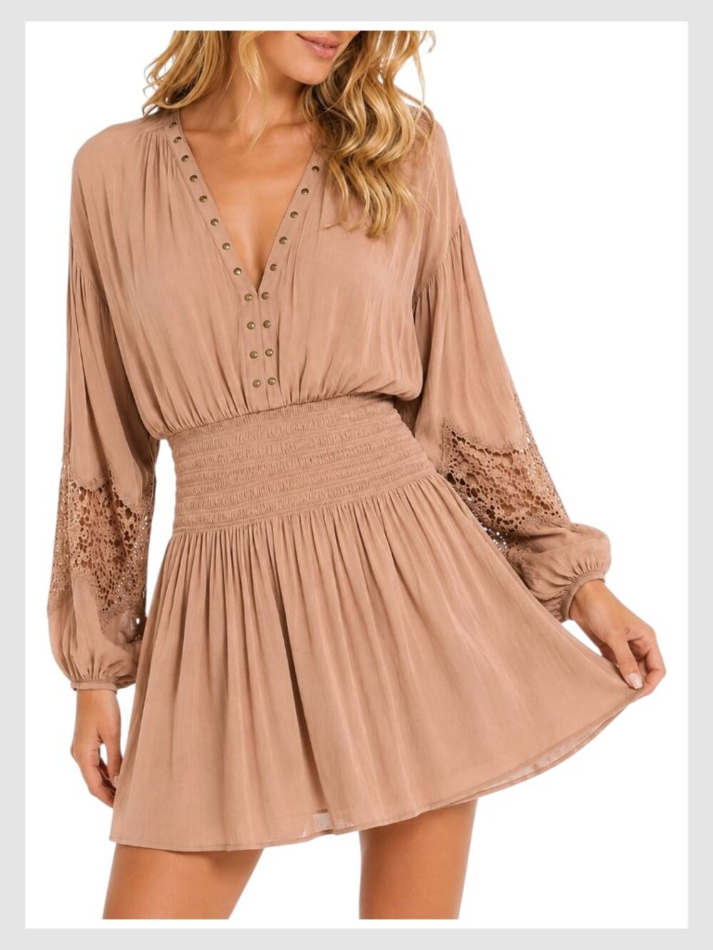 Ramy Brook Designer Vaira Tan Studded Long Sleeve Mini Dress XS